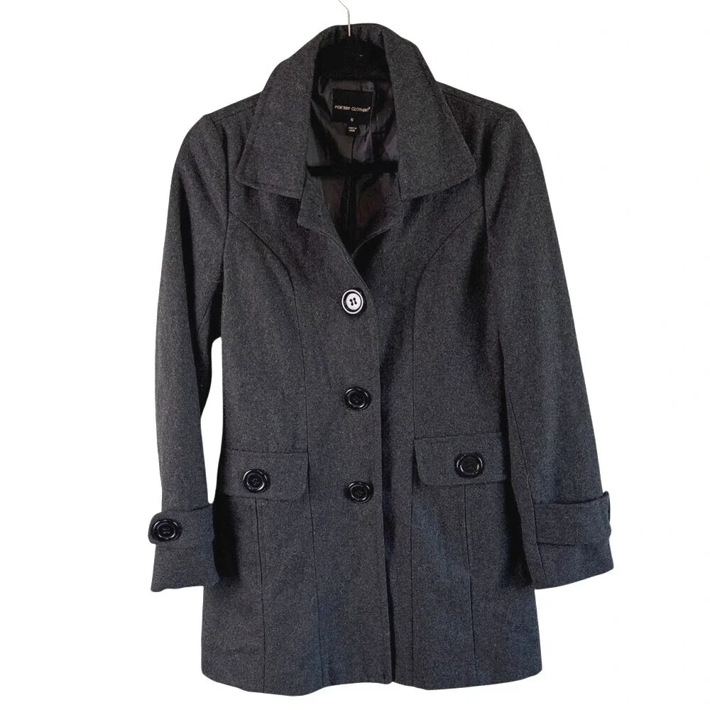 Charcoal Women's Peacoat with Notch Collar Wool Blend S‎